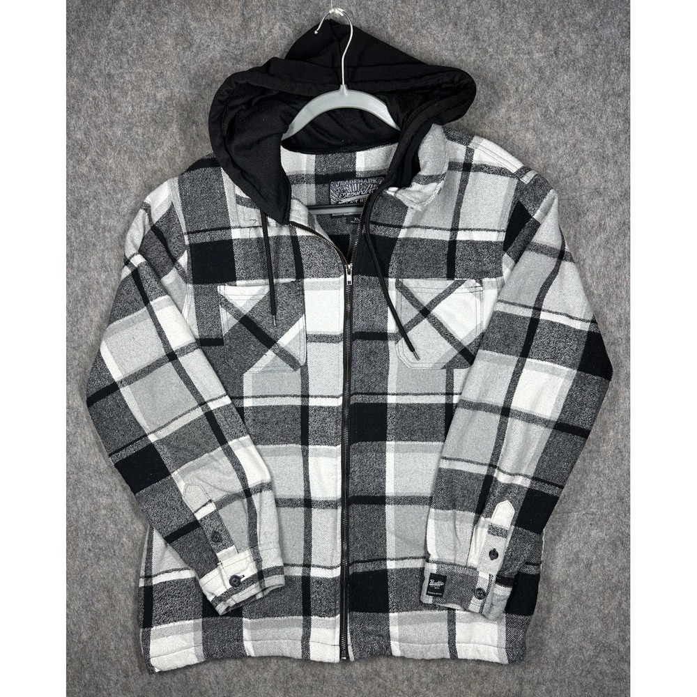 Brooklyn Cloth MFG Plaid Hooded Flannel Jacket XL Black White Zip Up